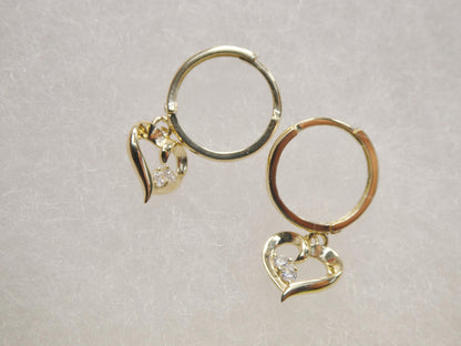Real 10k Solid Yellow Gold Designer Heart Dangling Hoop Huggie Earrings