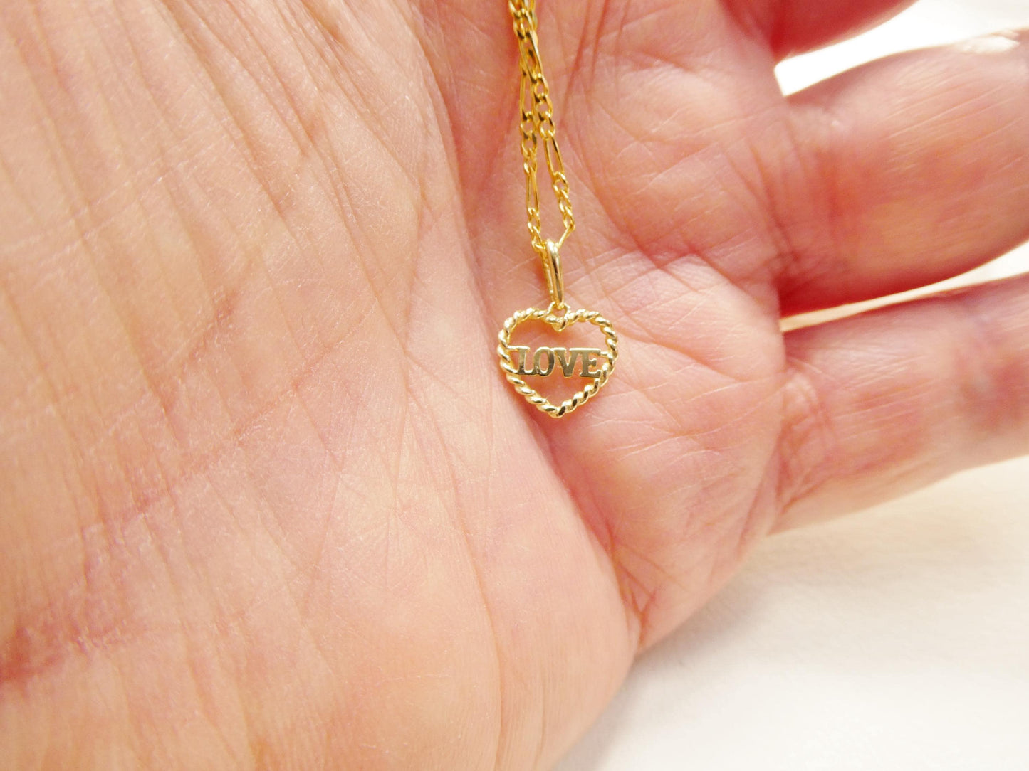 10k Yellow Gold Figaro Chain Necklace with Love Heart Pendant