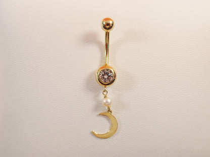 14k Real Solid Yellow Gold Dangling Moon Belly Button Ring Piercing