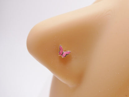 14k Real Solid Yellow Gold Tiny Pink Butterfly Stud Nose Ring