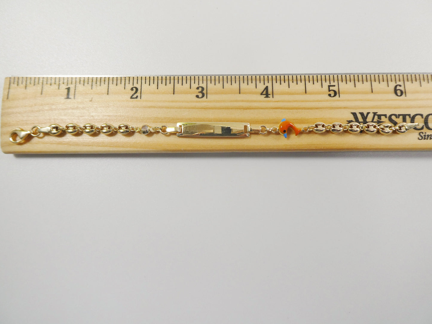 14k Yellow Gold Baby ID Bracelet: Enamel Dolphin Mariner Chain, 6 Inch