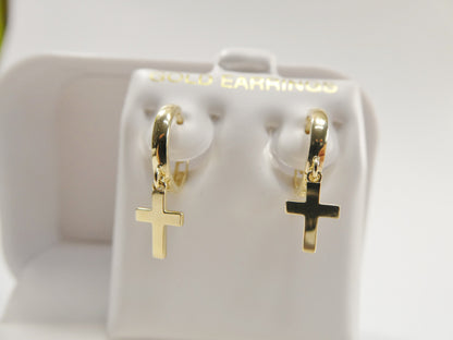 Real 10k Solid Yellow Gold Cross Dropping Hoop Huggie Earrings