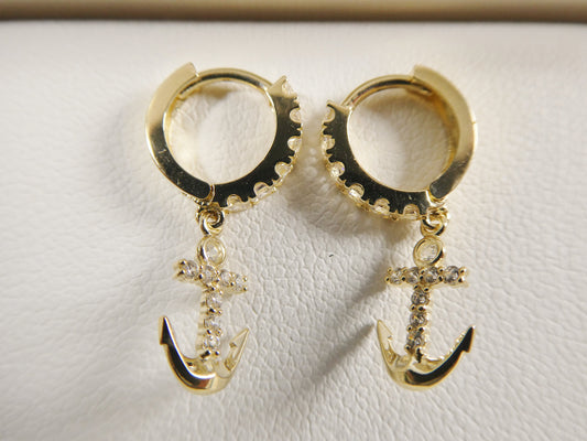 10k real yellow gold anchor dangling huggie hoop earring