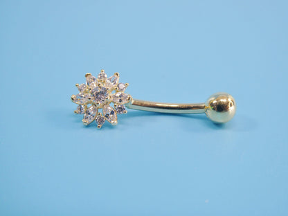 14k Real Solid Yellow Gold Flower Belly Button Ring Piercing