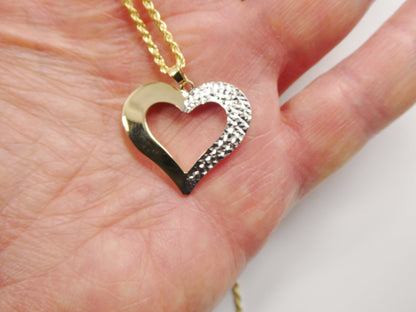 14k Real Solid Yellow Gold Two Tone Heart Pendent and Robe Necklace