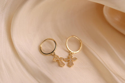 Real 10k Solid Yellow Gold Cross Dropping Hoop Huggie Earrings