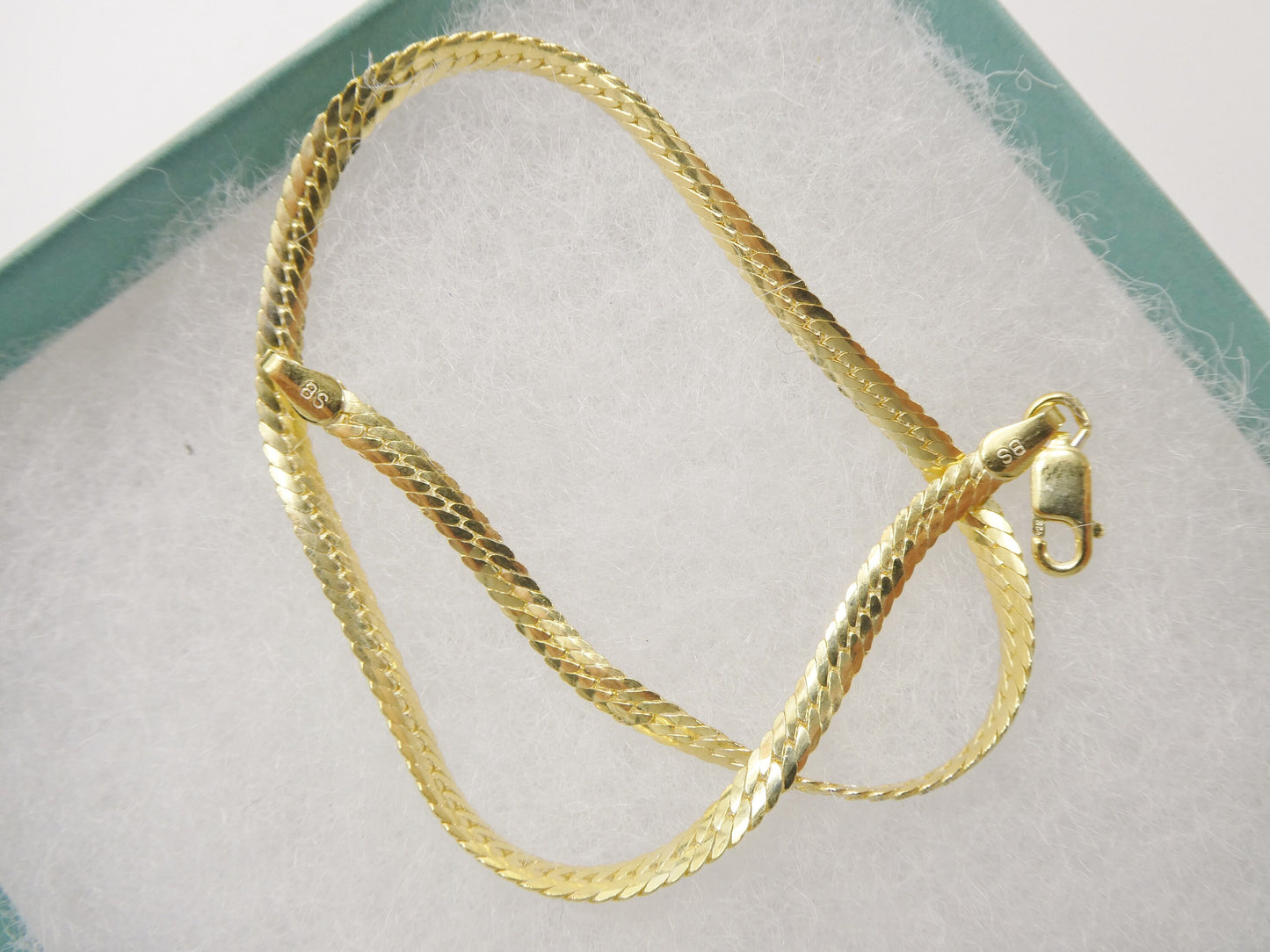 Real 925 sterling silver puff herringbone 10 inch anklet 14k yellow gold finish