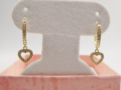 Real 10k Solid Yellow Gold Dangle Heart Full Micro Fave Setting Hoop Huggie Earrings