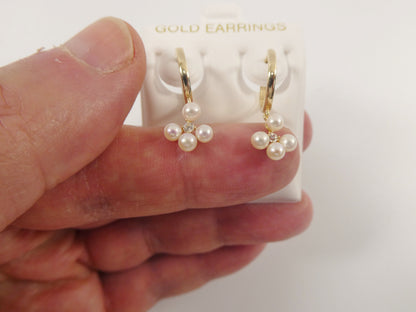 10k Real Yellow Gold Pearl Dangle Plain Huggie Earrings