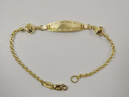 14k Real Solid Yellow Gold Double Heart 6 Inch Baby ID Bracelet