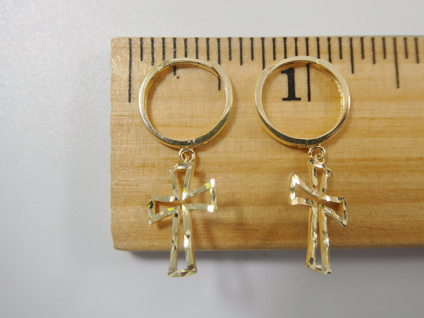 10k real yellow gold cross dangle plain huggie earrings
