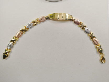 Real 925 Sterling Silver Stampato XOXO ID Bracelet 14k Yellow Gold Finish