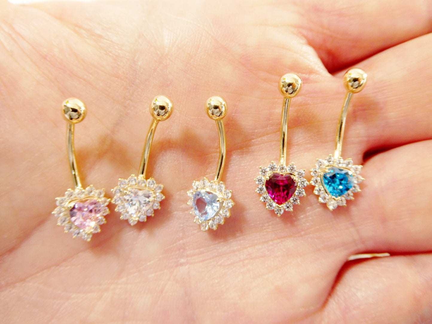 14k real solid yellow gold color stone heart belly button ring piercing