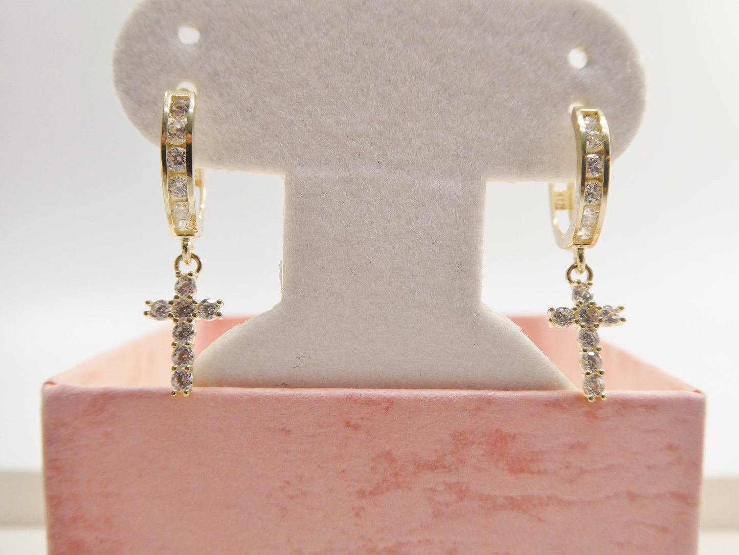 10k Yellow Gold Huggie Hoop Earrings: Cubic Zirconia Cross Dangle