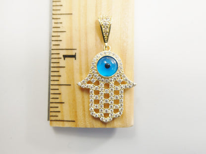 14k Real Solid Yellow Gold Full Stone Setting Evil Eye Hamsa Charm Pendent