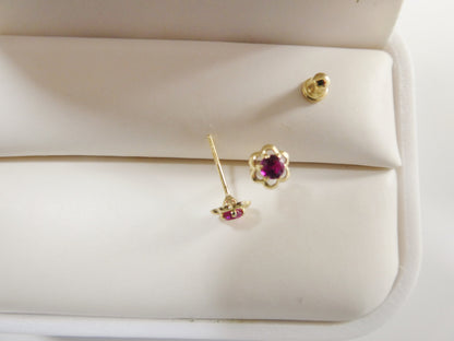 10k Real Solid Yellow Gold Birthstone Screw Back Children Earrings Flower Shape
