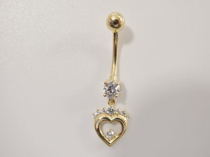 14k Real Solid Yellow Gold Heart Dangling Belly Button Ring Piercing