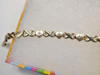 Real 10k Solid Yellow Gold XO Heart Hugs and Kisses Stampato 6.5 Inch Bracelet