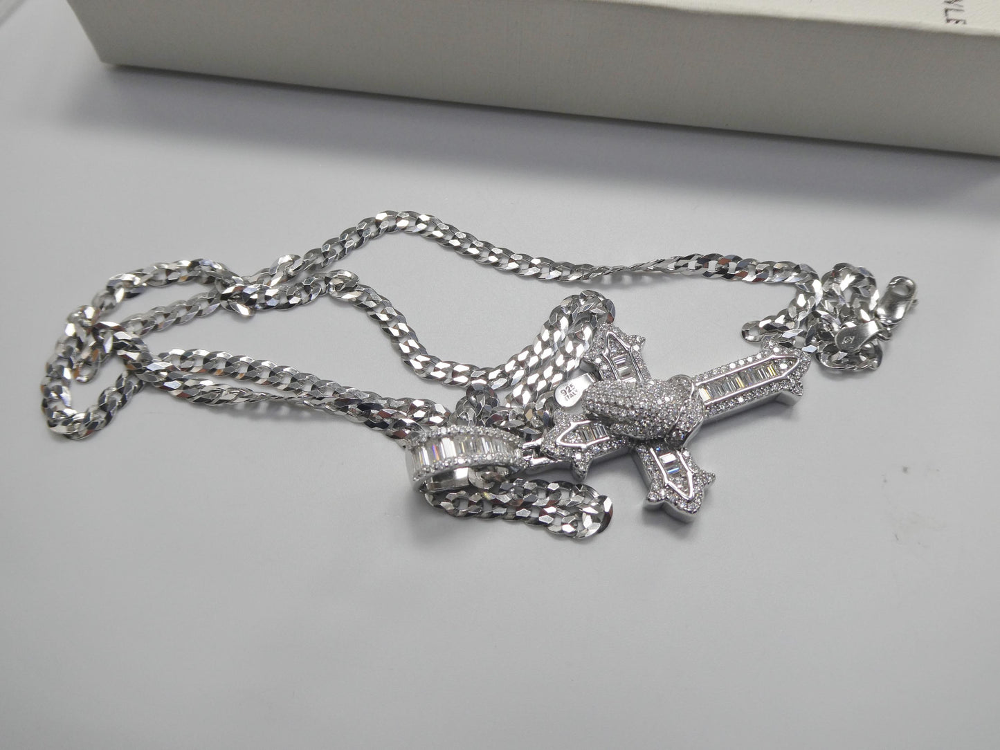 real 925 sterling silver 22 inch flat chain and moissanite cross pendent charm