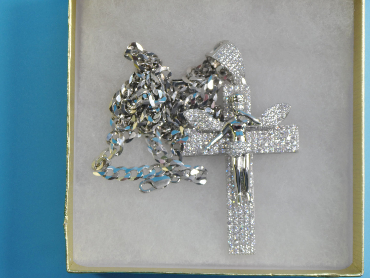 14k white gold color tone chain and large angel cross charm pendent over real 925 sterling silver