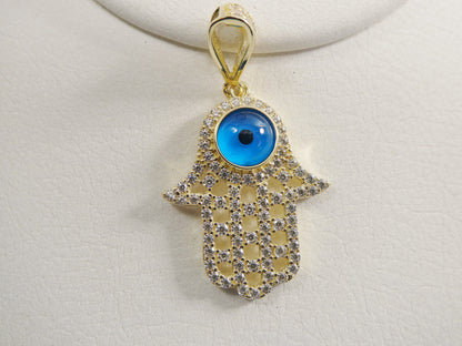 14k Real Solid Yellow Gold Full Stone Setting Evil Eye Hamsa Charm Pendent