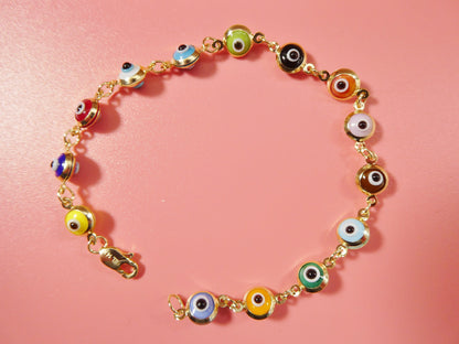 Real 14k Sold Yellow Gold 6 Inch Evil Eye Multi Color Adjustable Baby Bracelet
