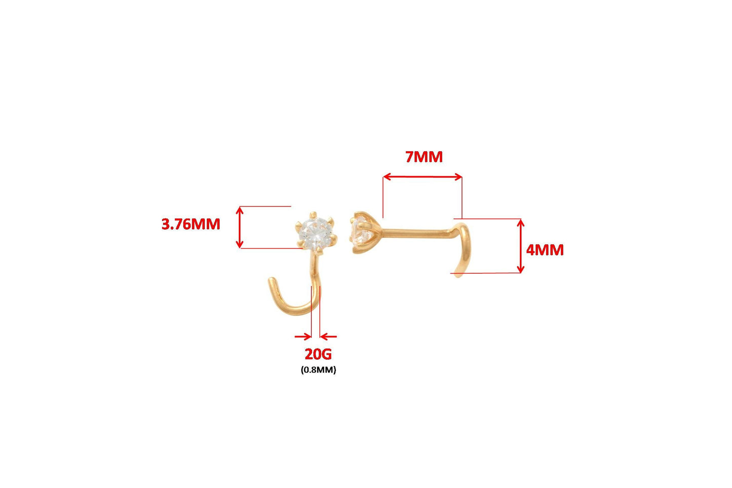 14k real solid yellow gold 3mm stone twist nose ring