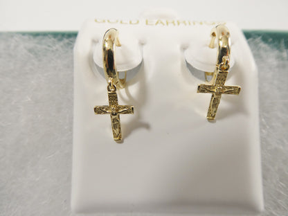 Real 10k Solid Yellow Gold Cross Dropping Hoop Huggie Earrings