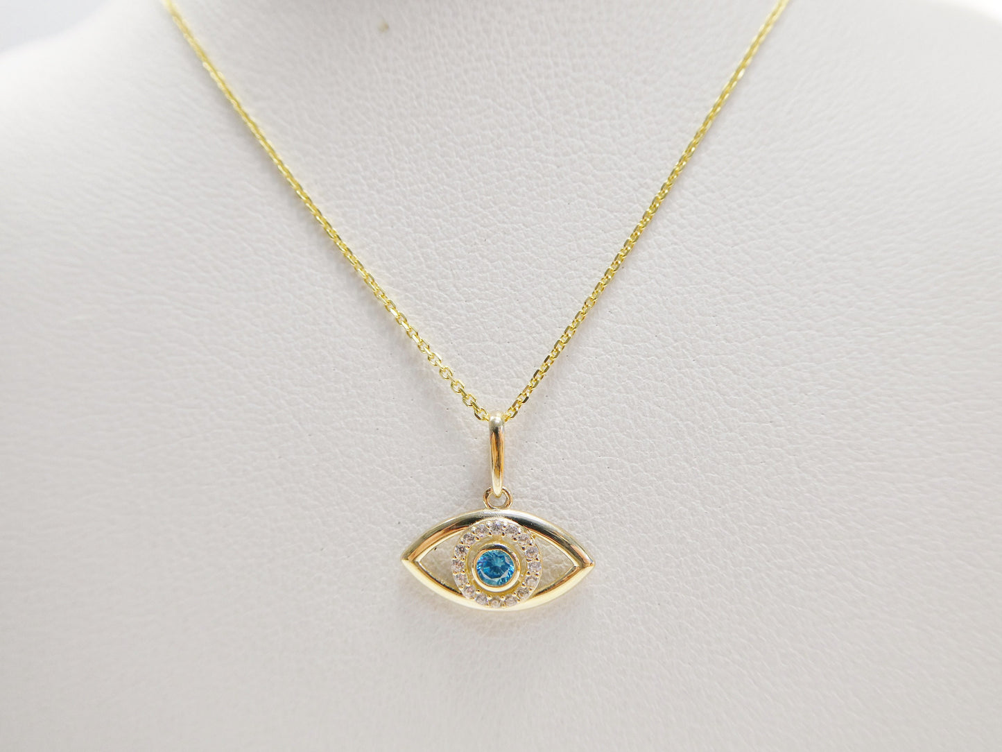 14k real solid yellow gold evil eye pendent and cable necklace