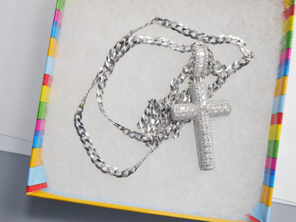Real 925 Sterling Silver 22 Inch Flat Chain and Moissanite Cross Pendent Charm