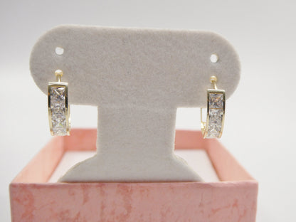 Real 10k Solid Yellow Gold Princess-cut Setting 14mm Hoop Huggie Earrings