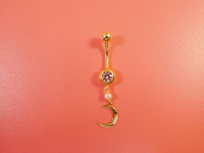 14k Real Solid Yellow Gold Dangling Moon Belly Button Ring Piercing