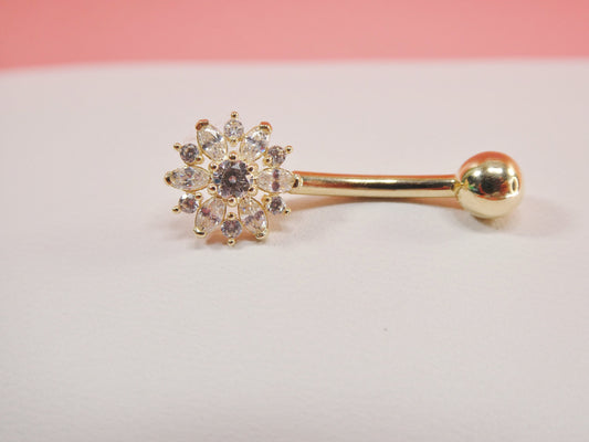 14k real solid yellow gold flower belly button ring piercing