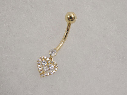 14k Real Solid Yellow Gold Dangling Heart Belly Button Ring Piercing
