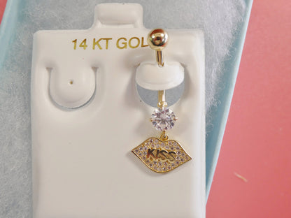 14k Real Solid Yellow Gold Dangling Logo Kiss Lips Belly Button Ring Piercing