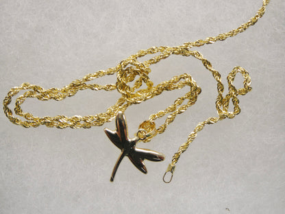 14k Real Solid Yellow Gold Dragonfly Pendent and Robe Necklace