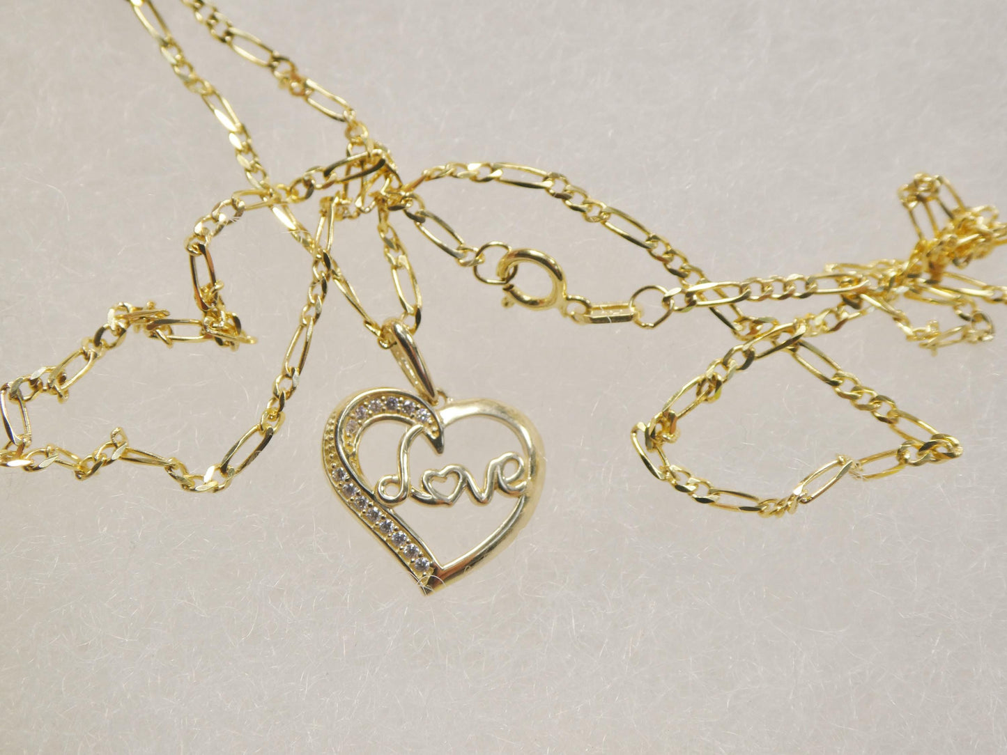 10k Yellow Gold Figaro Chain Necklace with Love Heart Pendant