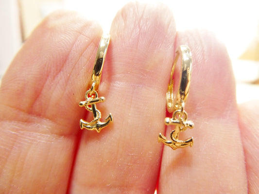 real 10k solid yellow gold designer anchor drop hoop huggie earrings