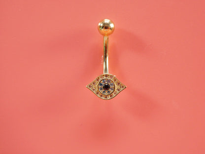 14k Real Solid Yellow Gold Evil Eye Belly Button Ring Piercing