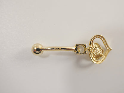 14k Real Solid Yellow Gold Heart Dangling Belly Button Ring Piercing