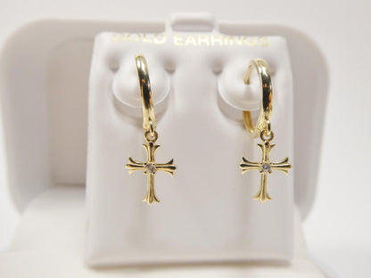 Real 10k Solid Yellow Gold Cross Dropping Hoop Huggie Earrings