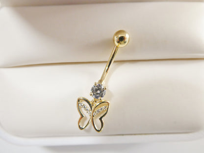 14k Real Solid Yellow Gold Butterfly Dangling Belly Button Ring Piercing
