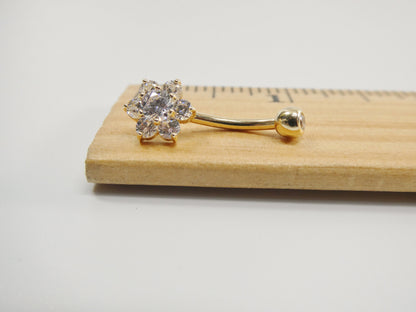 14k Real Solid Yellow Gold Flower Belly Button Ring Piercing