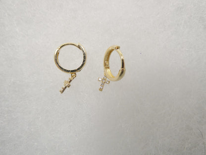 Real 10k Solid Yellow Gold Cross Dropping Hoop Huggie Earrings
