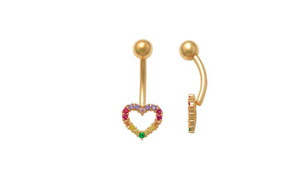 14k Real Solid Yellow Gold Rainbow Heart Belly Button Ring Piercing