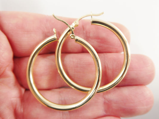 real 10k solid yellow gold plain high polish 35mm hoop huggie earrings