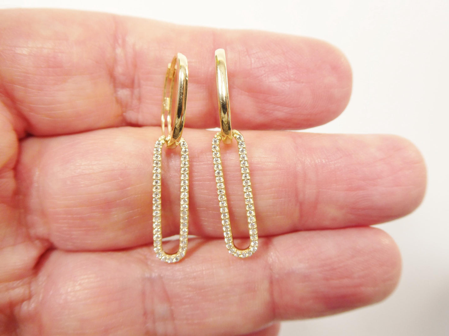 real 10k solid yellow gold long hanging paperclip earrings
