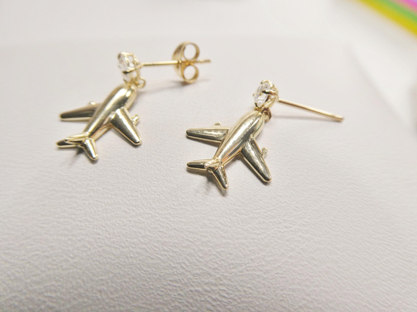 real 10k solid yellow gold plane dangling push post earrings