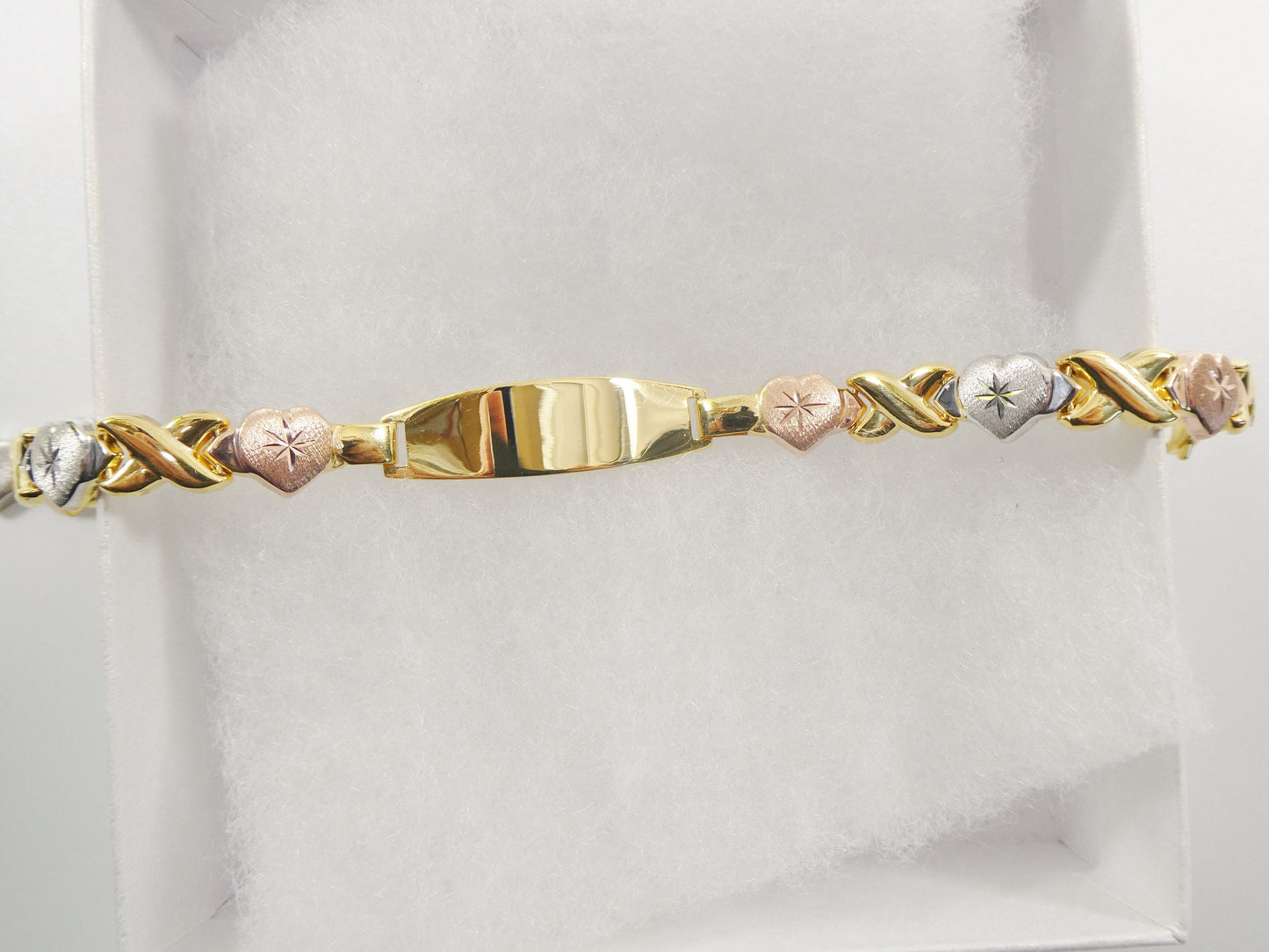 real 925 sterling silver stampato x heart ID bracelet 14k yellow gold finish