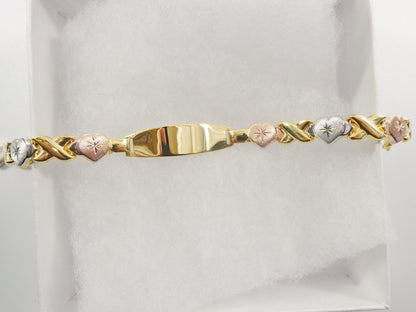 Real 925 Sterling Silver Stampato X Heart ID Bracelet 14k Yellow Gold Finish